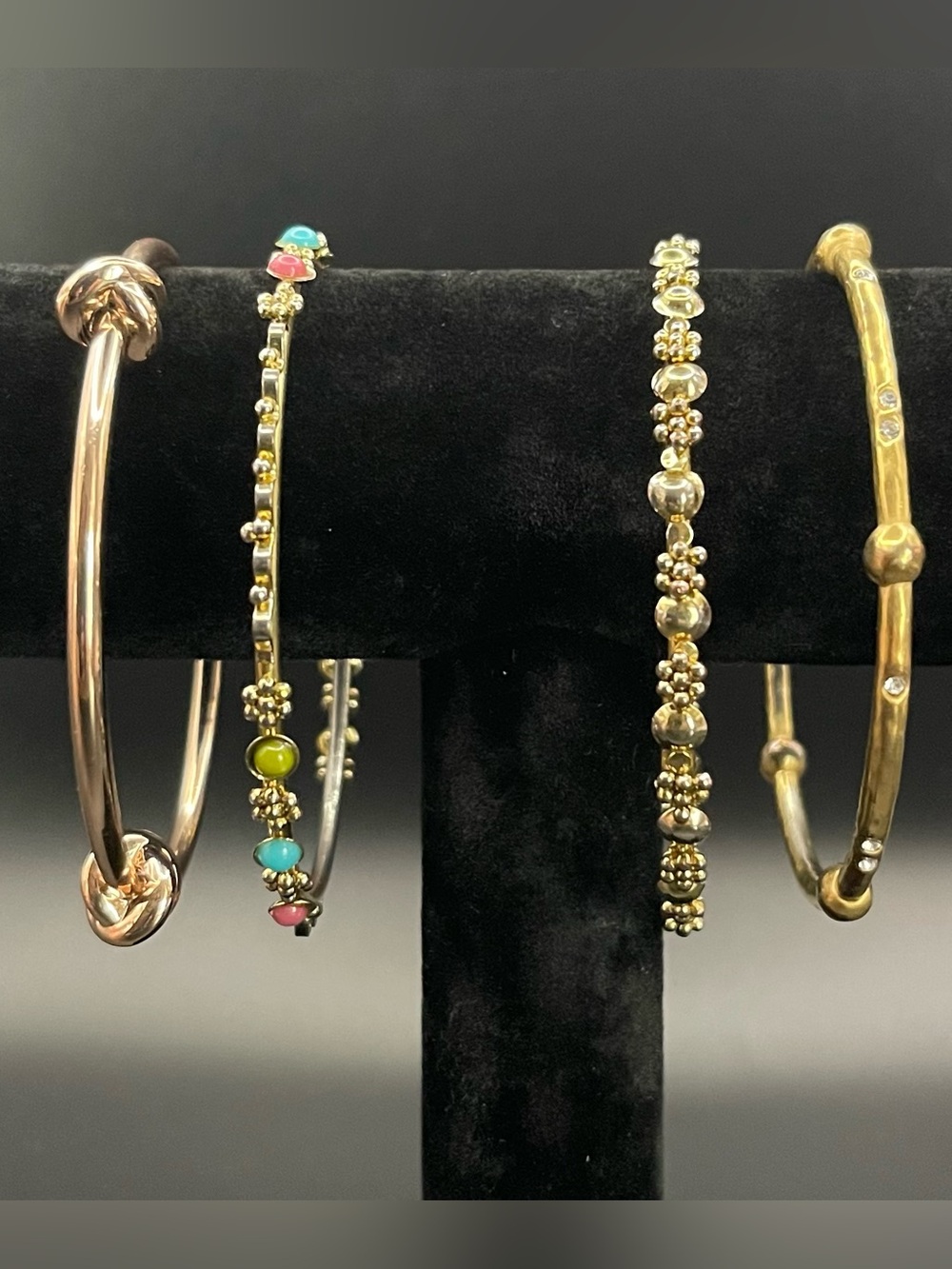 Boho Chic Solid Gold Tone Bangle Stack
Set of 4 Textured Accent Beads